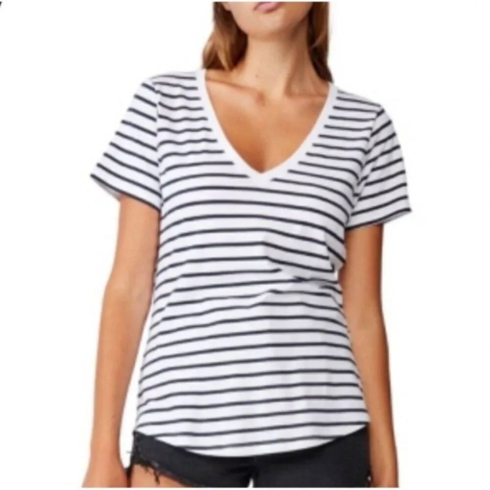cotton on the one fitted v tee black white striped Short Sleeve Top Medium
